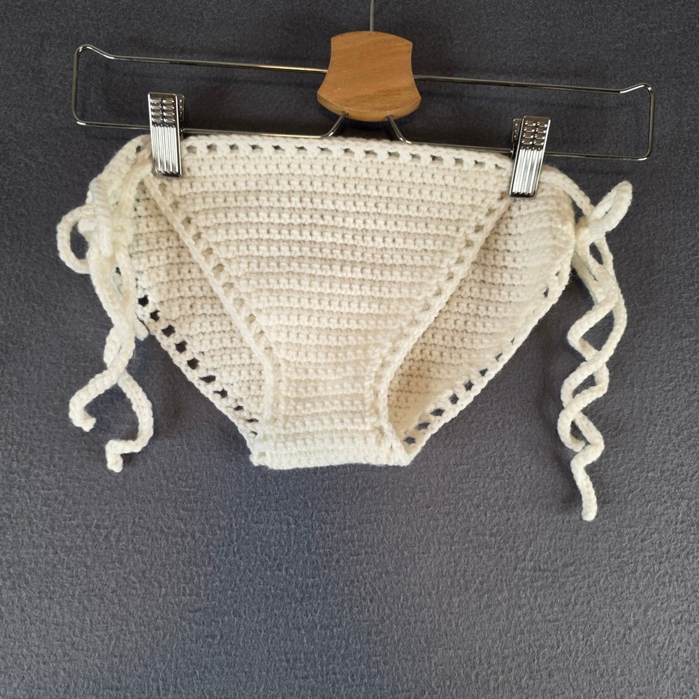 Handmade Crochet String Bikini Bottoms‎ White Free Size Side Tie Festival Beach